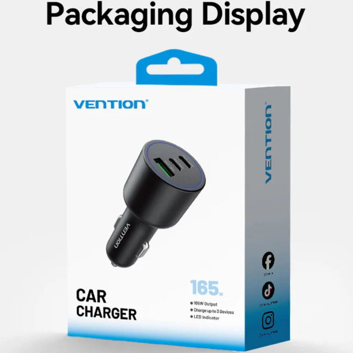 Vention FFPB0 Cargador de Coche 2xUSB-C 1xUSB 165W
